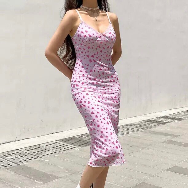 Y2k Pastel Pink Summer Midi Dress Light Pink Floral Dress Y2k | Etsy