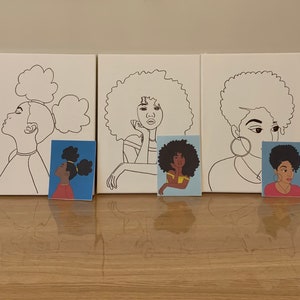May include: Six black and white line drawings of women with different hairstyles on white canvases. Each canvas has a smaller colored image of a woman with the same hairstyle.