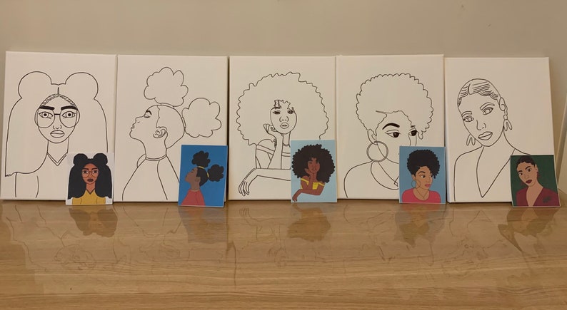 May include: Six black and white line drawings of women with different hairstyles on white canvases. Each canvas has a smaller colored image of a woman with the same hairstyle.