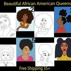 May include: A set of six black and white line drawings of African American women with different hairstyles. The drawings are numbered 1 through 6. The text "Beautiful African American Queens" and "by Irie Yard" is at the top of the image. The text "Free Shipping 35+" is at the bottom of the image.