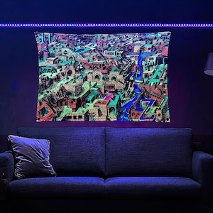 River City (Blacklight Trippy Tapestry) Psychedelic UV Reactive Fluorescent Wall Hanging