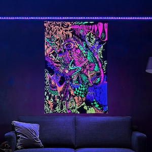Melt Down - Neon Black-light Fluorescent Tapestry with trippy stuff all combined in a surrealistic Universe