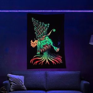 Crazy Alien (Blacklight Trippy Tapestry) Psychedelic UV Reactive Fluorescent Wall Hanging