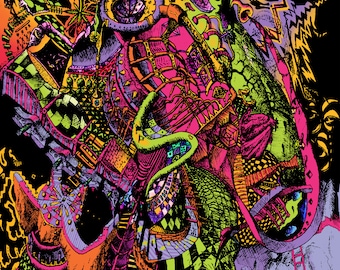 Liquid Reality - Black-light Tapestry with trippy stuff all combined in a surrealistic Universe