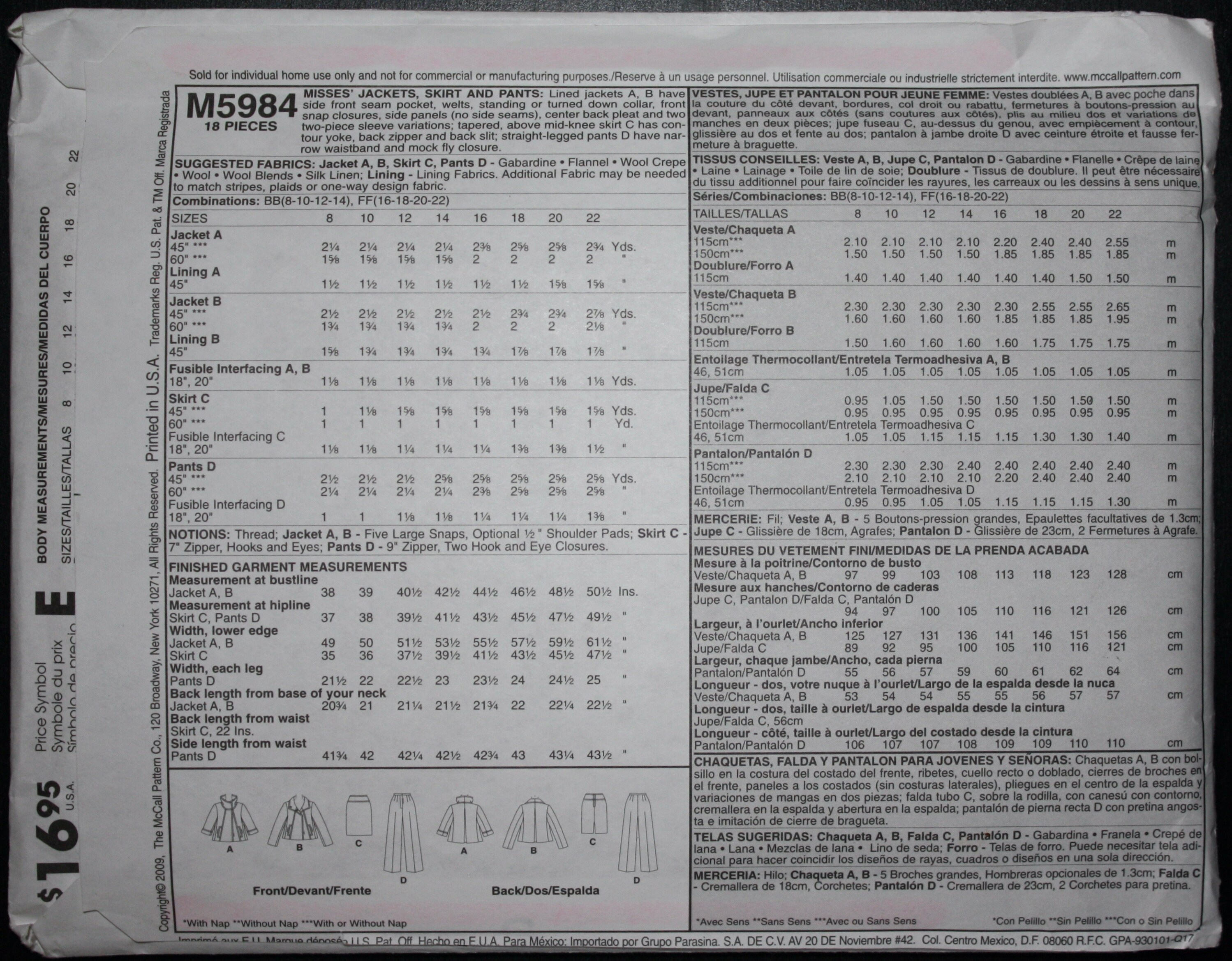 Out of Print Mccall's M5984 UNCUT Misses' Jackets, Skirt and Pants ...