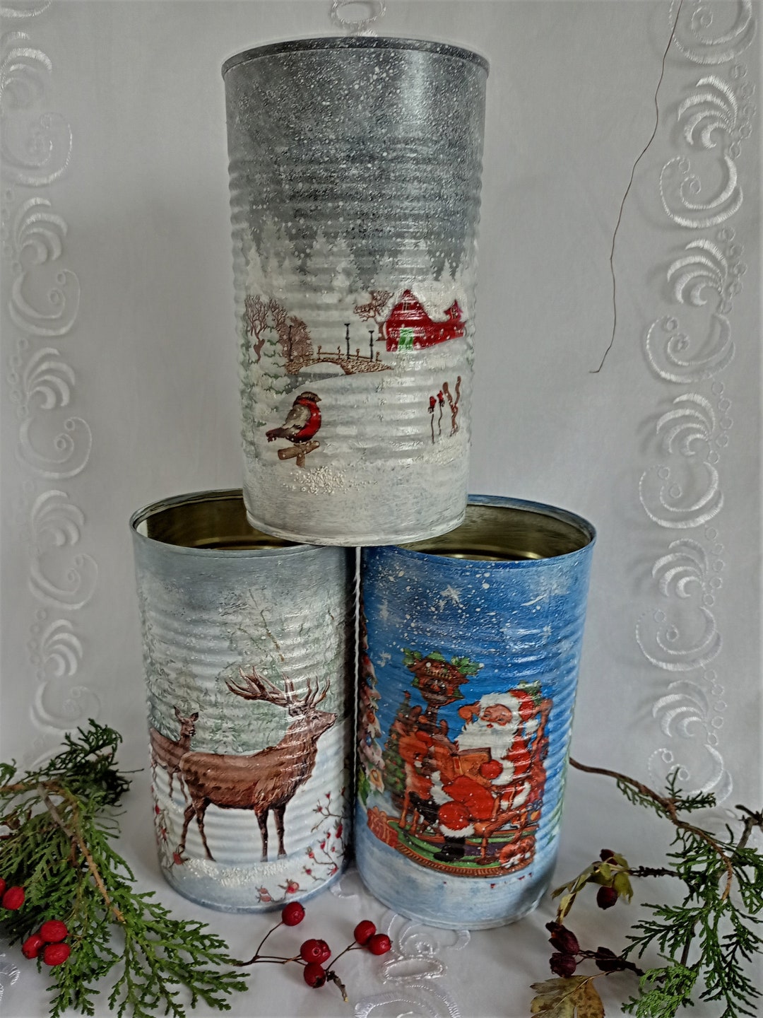 Winter Tin Cans Decoupage Tin Cans Painted Tin Cans Tin Etsy