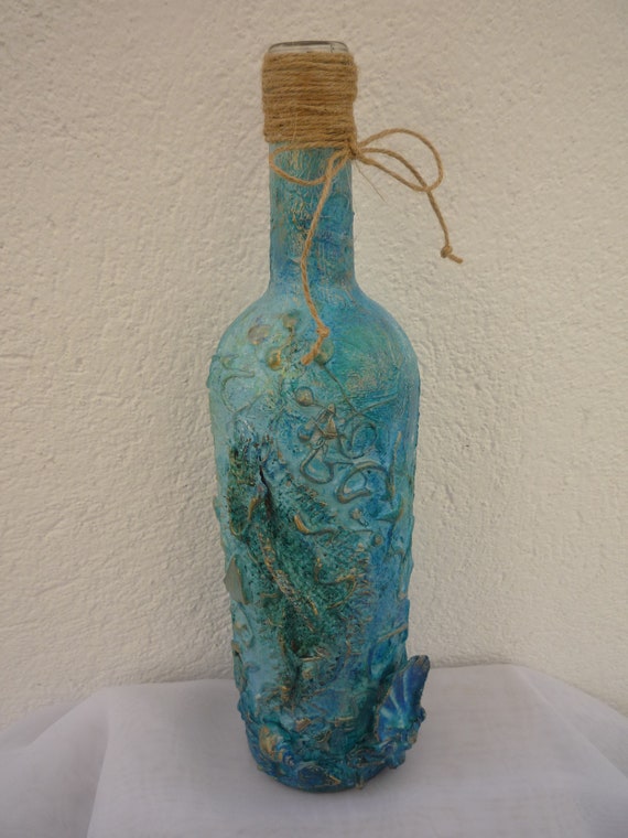 Mixed Art Decorated Wine Bottle Beach Villa Decor Glass - Etsy