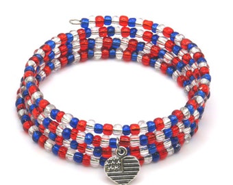 Patriotic Charm Memory Wire Wrap Bracelet Red White and Blue Jewelry