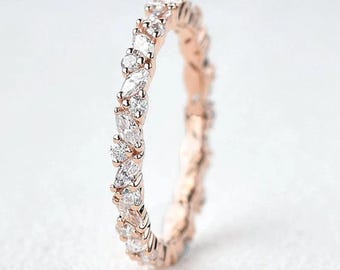 Vintage Moissanite Marquise Cut Runde Ehering, 14k solid Rose Gold Ehering, volle Ewigkeit Band, Versprechen Ring Jubiläum Bandring