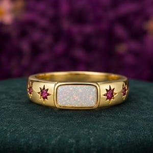 Opal and Ruby Starburst Ring, Gold Celestial Band, Rectangular Opal Engagement Ring, Unique Stacking Jewelry, Boho Style Gift, Stacking Ring