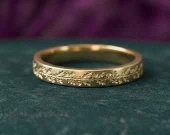 Nature Inspired Leaf Engraved Wedding Band For Women, 14K Gold Ring Handmade Dainty Jewelry, Gold Stacking Ring, Promise Ring Gift For Men