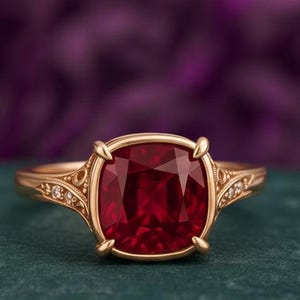 Puede incluir: Un anillo de oro con una gran piedra preciosa roja oscura de talla cuadrada. El anillo tiene intrincados detalles de filigrana en la banda y alrededor del engaste de la piedra preciosa. Pequeñas piedras de acento están engastadas a cada lado de la piedra principal.