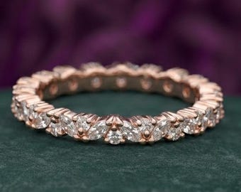 Vintage Moissanite Marquise Cut Round Wedding Band, 14k Solid Rose Gold Wedding Band, Full Eternity Band, Promise Ring Anniversary Band Ring