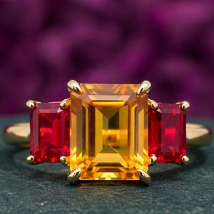 Vintage Emerald Cut Citrine & Baguette Cut Ruby Cluster Ring, 14k Rose Gold Engagement Ring, Prong Setting Anniversary Ring, Gift For Her
