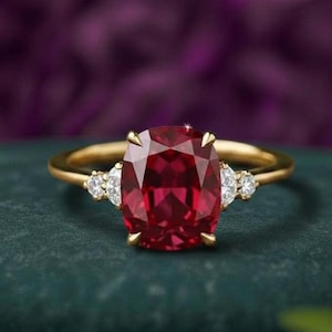 Kussengeslepen robijnrode verlovingsring, 14k gouden rode edelsteenring met diamantaccenten, vintage geïnspireerde bruidsring cadeau voor haar valentijnsring