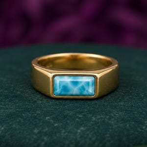 Natural Larimar Ring, Baguette Cut Blue Stone, Gold Wedding Band Ring, Modern Everyday Jewelry, Unique Cocktail Ring, Style Anniversary Gift