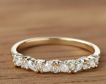 Marquise & Round Moissanite Wedding Band, Matching Stackable Half Eternity Engagement Band, Cluster Solid Gold Anniversary Gift For Her