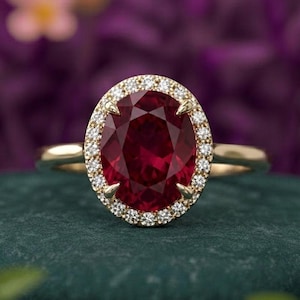 Classic Oval Cut Ruby Engagement Ring, 14K Solid Gold Diamond Halo Ruby Ring, Vintage Inspired Red Gemstone Ring, Personalized Ring For Her