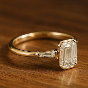 2 CT Emerald Cut Moissanite Engagement Ring, Three Stone Wedding Ring, Half Bezel Set Baguette Cut Side Tapper Ring Anniversary Ring For Her