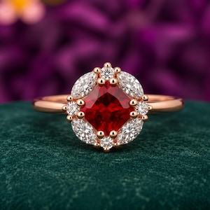 Ruby Cluster Engagement Ring, Princess Cut Red Stone, Marquise Diamond Halo, Vintage Rose Gold Ring, Birthstone Jewelry, Unique Gift for Her
