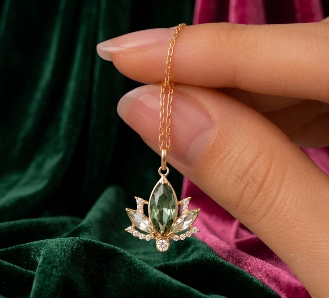 Vintage Lotus Flower Necklace, Solid Gold Marquise Cut Green Sapphire…
