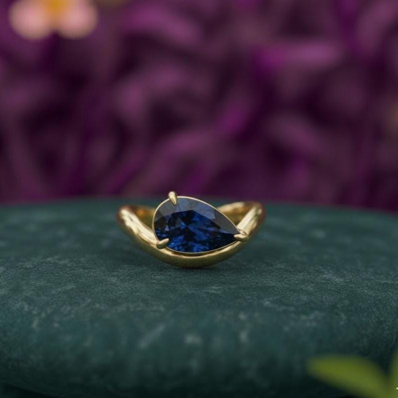 East West Pear Sapphire Engagement Ring 14k Gold, Unique Teardrop Blue…
