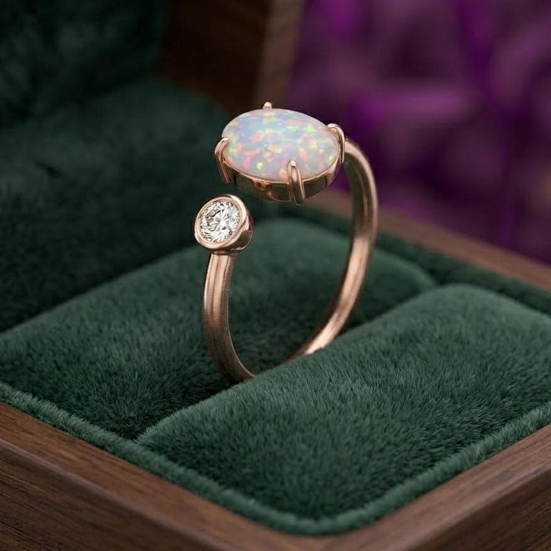 Oval Cut Opal & Moissanite Engagement Ring, 14k Solid Gold Bridal ...