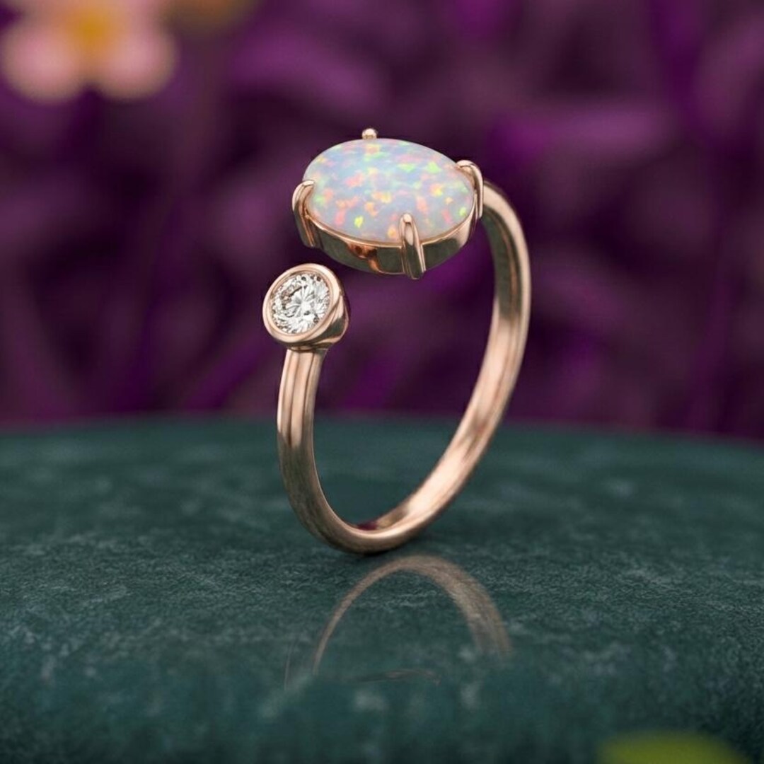 Oval Cut Opal & Moissanite Engagement Ring, 14k Solid Gold Bridal ...