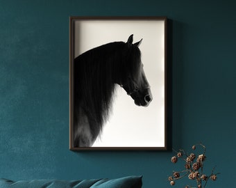 Pferd, Digitaldruck, Poster, printable, schwarzes Pferd, schwarz weiß, Pferdefoto, minimalistisch, modernes Haus, boho home,