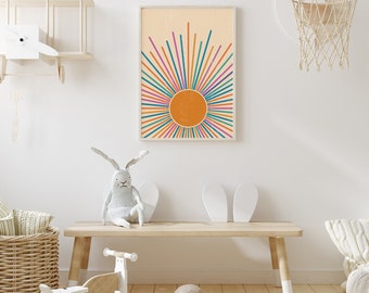 Retro Sunburst Print, Printable Wall Art, Abstract Sun Poster, Colorful Digital Print, Boho Nursery Print, Kids Room Print,