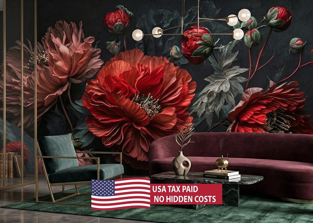 Red Floral Wallpaper , Moody Flower Wall Mural, Dark Botanical Wall Art ...
