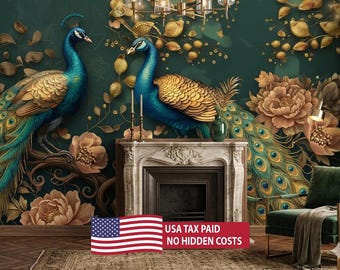 Tapete Pfau | Blumen & Gold-Grüne Blätter | Vintage Wandbild | Schälen und aufkleben
