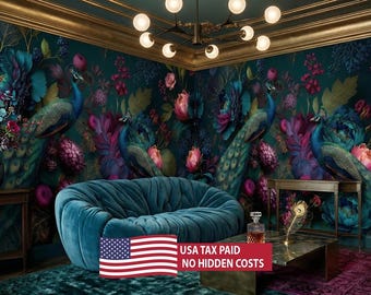 Carta da parati con pavone / Fiori e foglie verde-oro / Murale vintage / Autoadesiva