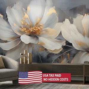 Flower Oil Painting Effect Wallpaper | Grey White Gold Floral | Elegant Wall Mural | Peel & Stick