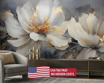 Blumen-Ölgemälde-Effekt-Tapete | Grau Weiß Gold Blumen | Elegantes Wandbild | Schälen & Aufkleben