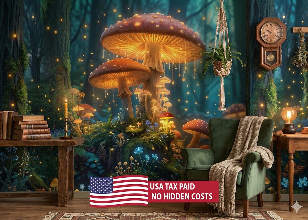 Enchanted Forest Mushroom Wall Mural | Luminous Wallpaper | Peel and ...