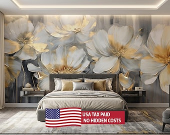 Blumen-Ölgemälde-Effekt-Tapete | Grau Weiß Gold Blumen | Elegantes Wandbild | Schälen & Aufkleben