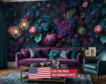 Barocke Pfingstrose Tapete, Stimmungsvolle Blumen Wandbild, Botanische Wandkunst | Schälen und aufkleben
