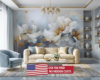 Blumen-Ölgemälde-Effekt-Tapete | Frischer Look | Weiß Blau Gold | Schälen und Aufkleben Wandbild