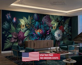 Papel pintado de pavo real / Flores y hojas verde dorado / Mural de pared vintage / Autoadhesivo