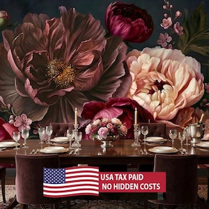 Large Floral Wallpaper , Moody Flower Wall Mural, Dark Botanical Wall Art | Peel and Stick