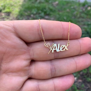 14k Gold Scissors Necklace, Scissor Name Necklace, Dainty Scissor Necklace , Hairstylist Gift , Hairdresser Gift , Hairstylist Jewelry