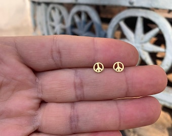 14k Peace sign studs ,Tiny Sterling Silver Peace Sign Stud Earrings, Silver Peace Sign Stud Earrings ,Peace Jewelry , Love and Peace
