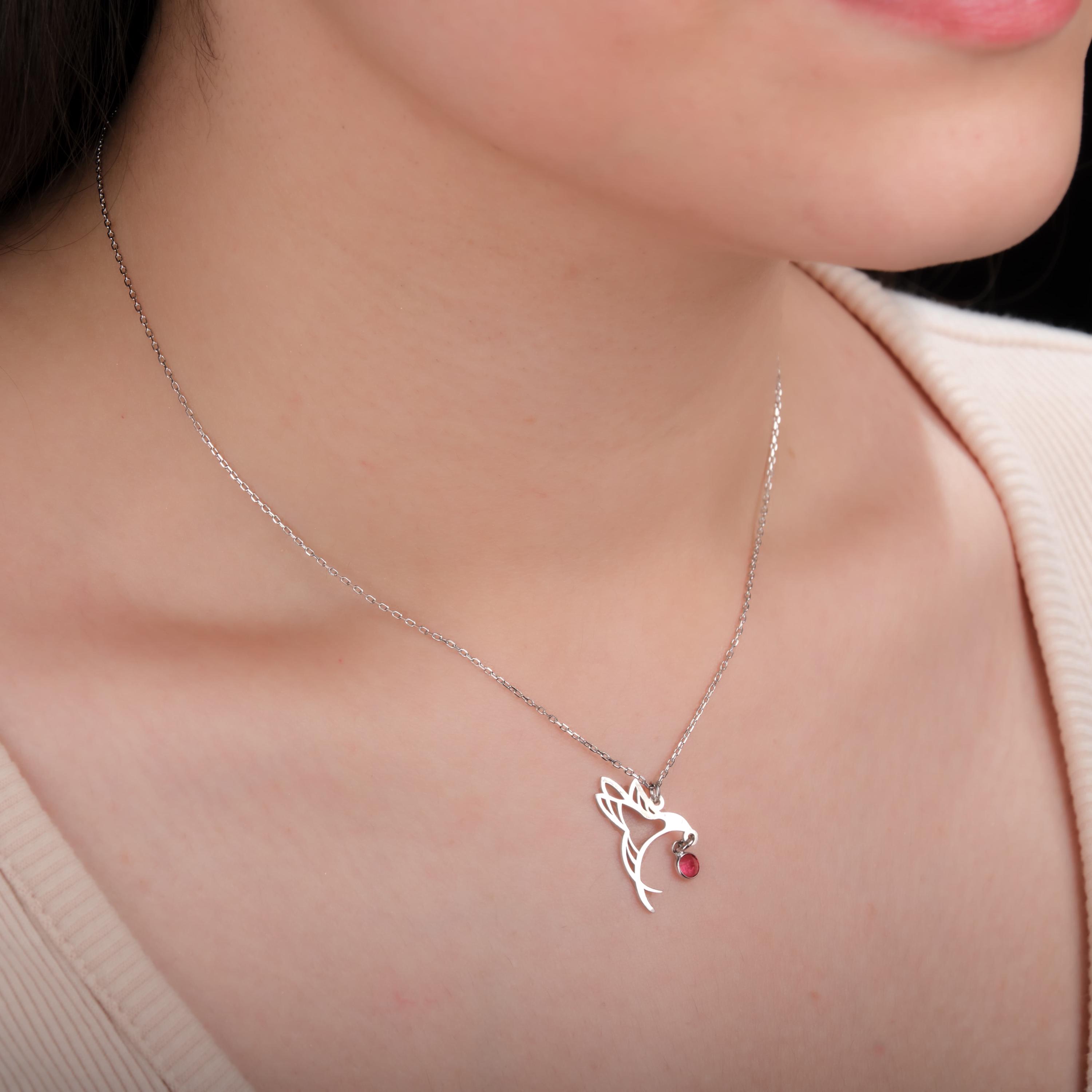 ハチドリ誕生石ネックレス • 925シルバーバードジュエリー