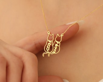 14k Gold Personalized Named Cat Necklace - Customized Cat Necklace - Unique Handmade Cat Necklace - Personalized Gift for Cat Lovers