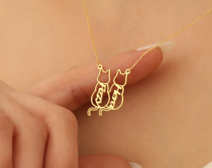 14k Gold Personalisierte Named Katzenhalskette - Individuelle Katzenhalskette - Einzigartige Handgemachte Katzenhalskette - Personalisiertes Geschenk für Katzenliebhaber