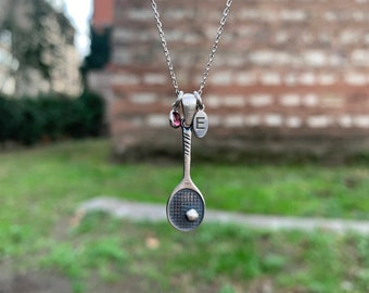 Personalized Tennis Racket Necklace with Birthstone-Letter Charm,Tennis Racket necklace,Sports Gifts for Daughter,Tennis Gifts