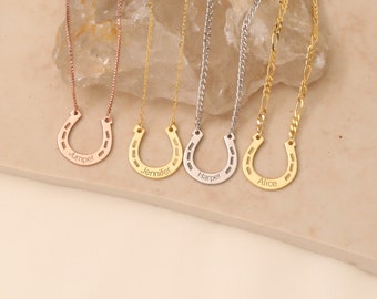 14k Gold Hufeisen Namen Halskette, Benutzerdefinierte Hufeisen Halskette, graviert mit Ihrem Namen oder Pferdenamen, Glück Hufeisen Anhänger Halskette