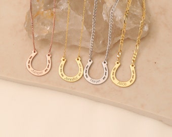 14k gouden hoefijzer naam ketting, aangepaste hoefijzer ketting, gegraveerd met uw naam of paardennaam, Lucky Horseshoe hanger ketting