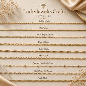 May include: A variety of gold-coloured chain necklaces are displayed, including cable, box, small figaro, figaro, twist, rolo, beaded (satellite), mini paperclip, and curb chains. The Lucky Jewelry Crafts logo is at the top.